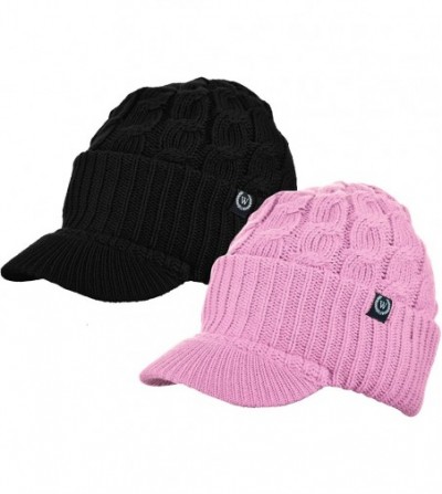 Skullies & Beanies Winter Newsboy Cable Knitted Visor Beanie Bill Winter Warm Hat - Black & Lt.pink - CT187854AZM