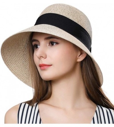 Sun Hats Packable Straw Floppy Fedora Panama Derby Beach Sun Hat for Women Band Ribbon 55-58cm - Beige Mix_69087 - CK18SQ9ZGDW