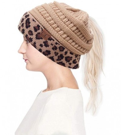 Skullies & Beanies Women Classic Solid Color with Leopard Cuff Ponytail Messy Bun Beanie Skull Cap - Camel - CZ18HTH390L