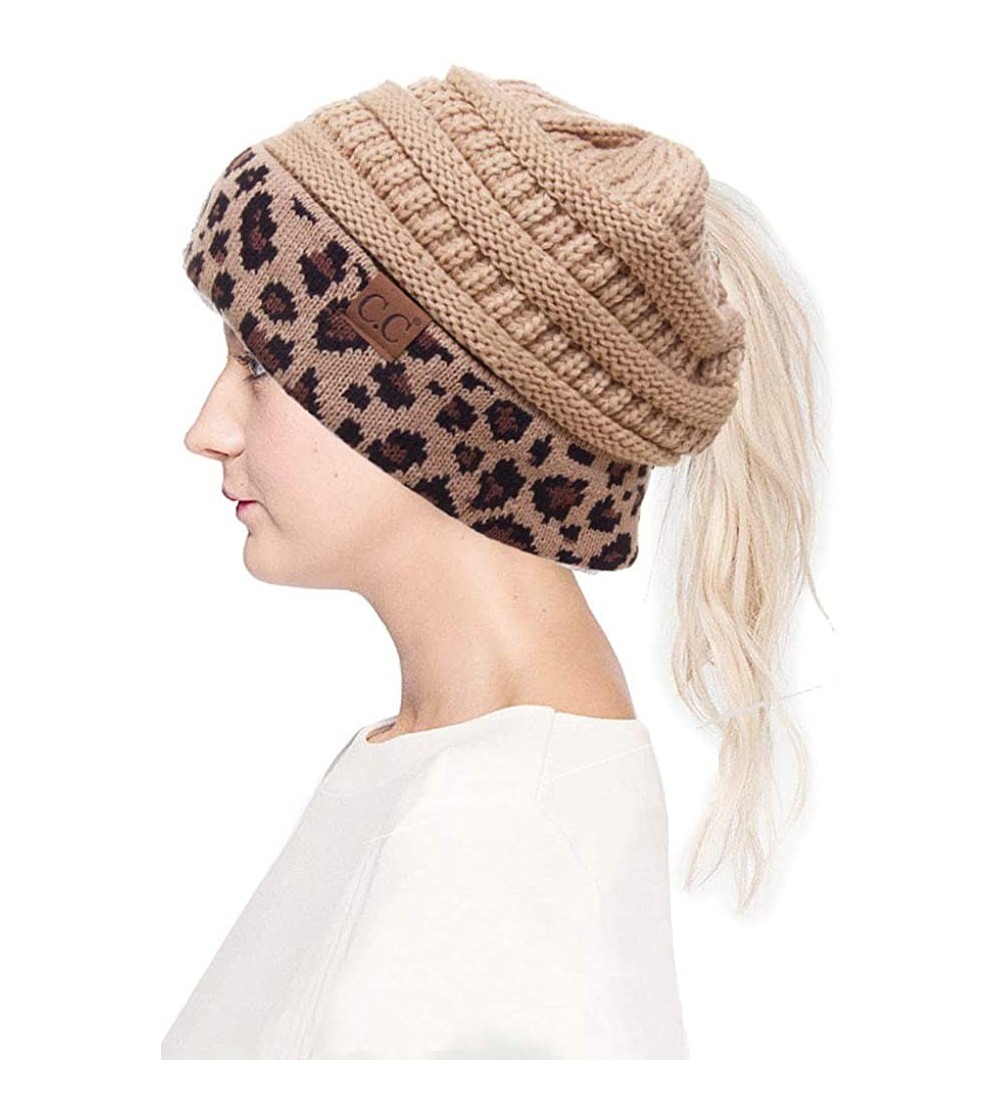 Skullies & Beanies Women Classic Solid Color with Leopard Cuff Ponytail Messy Bun Beanie Skull Cap - Camel - CZ18HTH390L