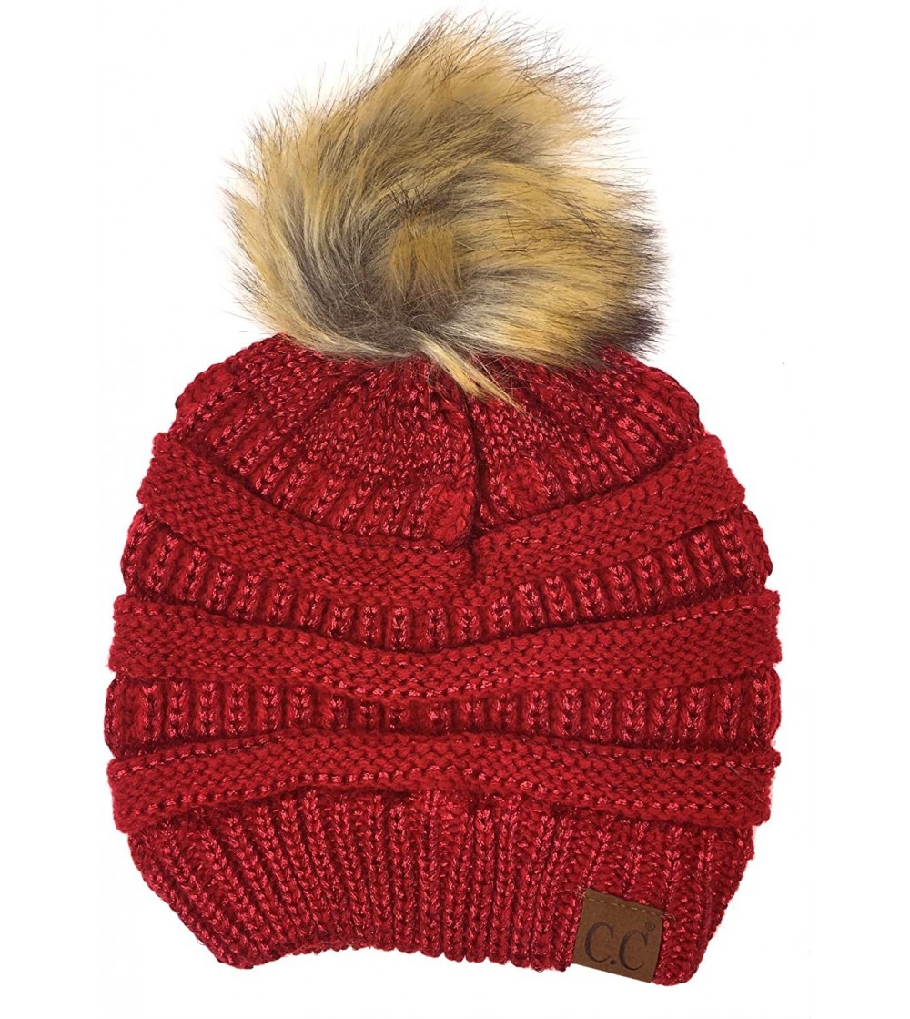Skullies & Beanies Soft Stretch Cable Knit Ribbed Faux Fur Pom Pom Beanie Hat - Metallic Red - CN188KCHTOY