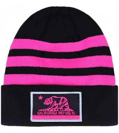 Skullies & Beanies Striped California Republic Cali Bear Long Beanie Cuffed Knit 12 inches Winter Hat - Black/Pink - CM18IR77ZEI