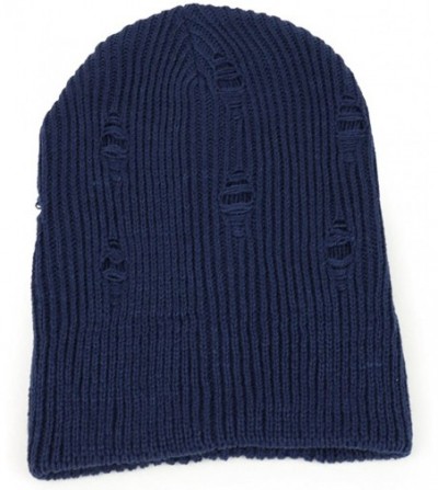 Skullies & Beanies Vintage Frayed Pattern Knit Deep Slouchy Beanie - Nvy - CW1884CE7QK