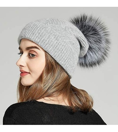 Skullies & Beanies Womens Knit Winter Beanie Hat Fur Pom Pom Cuff Warm Beanies Bobble Ski Cap - Light Grey+silver Fox Fur Pom...