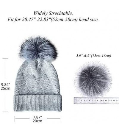 Skullies & Beanies Womens Knit Winter Beanie Hat Fur Pom Pom Cuff Warm Beanies Bobble Ski Cap - Light Grey+silver Fox Fur Pom...
