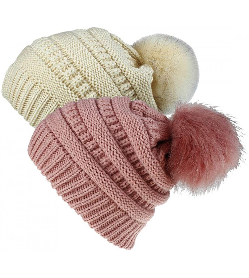 Skullies & Beanies Womens Knitted Beanie Hats - 2 Pack Girls Cable Knit Warm Beanie Winter Ski Bobble Hat Faux Fur Pom Poms C...