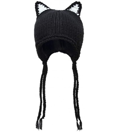 Skullies & Beanies Cute Cat Ears Knit Hat Ear Flap Crochet Beanie Hat Black - C1128YK33CV