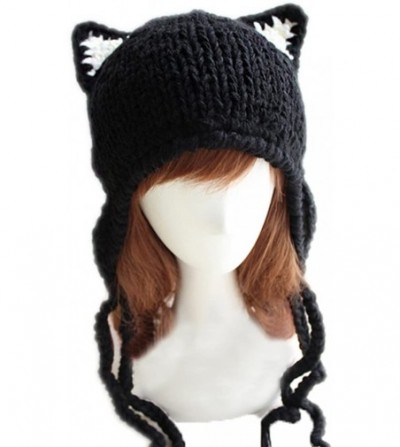 Skullies & Beanies Cute Cat Ears Knit Hat Ear Flap Crochet Beanie Hat Black - C1128YK33CV