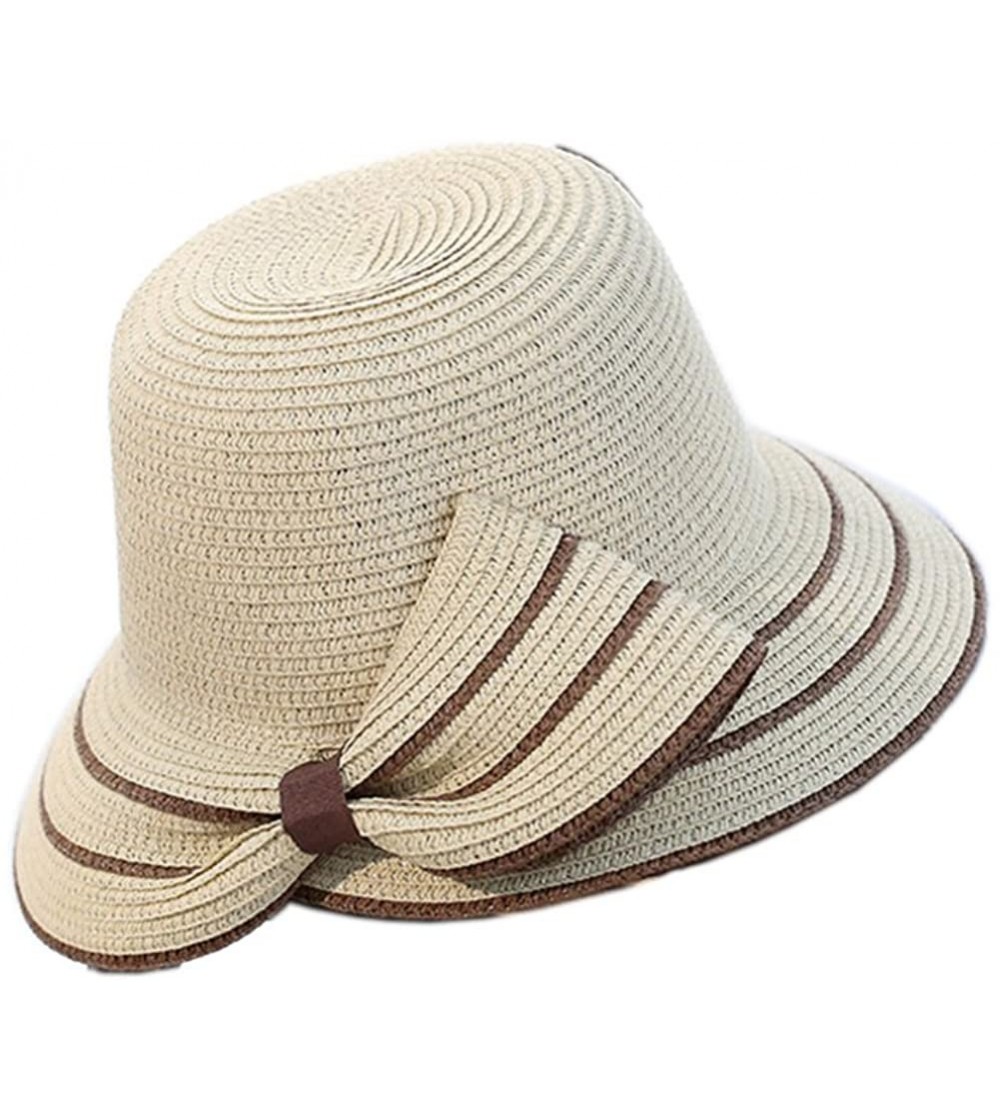 Sun Hats Women Elegant Bowknot Floppy Beach Straw Hats Wide Brim Packable Sun Cap - Beige - CN18EZKG73I