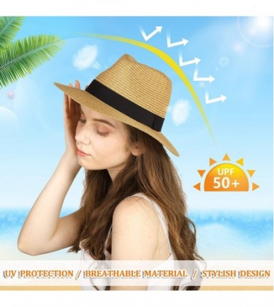 Sun Hats Straw Hats for Women Men Panama Hat Wide Brim UV Protection Roll Up UPF50+ Beach Fedora Sun Hat Packable - Khaki - C...