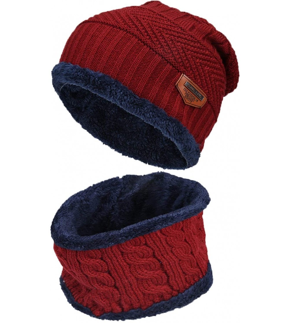 Skullies & Beanies Men Beanies Hat Winter Thick Warm Knit Skull Cap Hat Scarf Set - Wine Red Set - CT194GQ7W3T