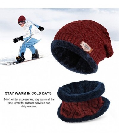 Skullies & Beanies Men Beanies Hat Winter Thick Warm Knit Skull Cap Hat Scarf Set - Wine Red Set - CT194GQ7W3T