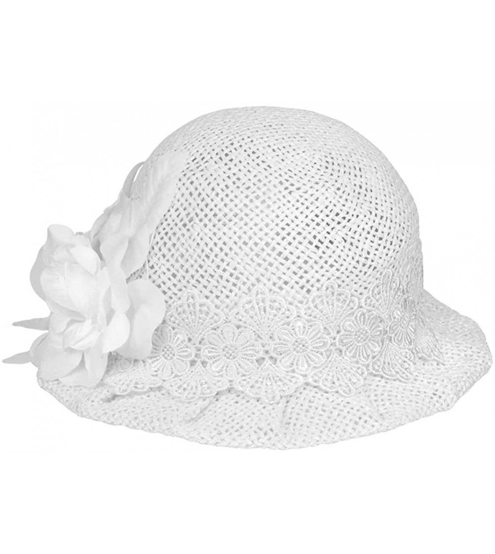 Sun Hats Women's Lace Band and Flower Vented Bucket Straw Vintage Style Hat - White - CQ12CVKMM31