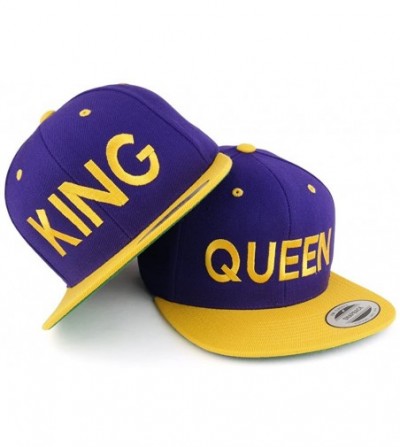 Baseball Caps King and Queen Two Tone Embroidered Flat Bill Snapback Cap - 2pc Set - Purple Yellow - CQ17YXNUMU4