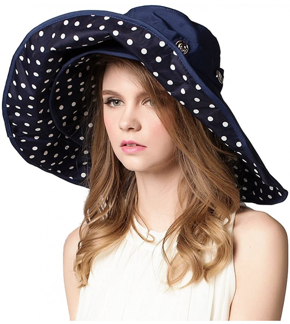 Sun Hats Women's Multiuse Dual Large Brim Beach Sun Hat Bucket Visor Cap UPF 50+ - Navy Dot - CQ1820M4EHT