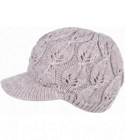 Newsboy Caps Womens Winter Chic Cable Warm Fleece Lined Crochet Knit Hat W/Visor Newsboy Cabbie Cap - Leafy Beige - CI1860WZ552