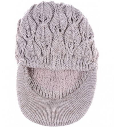 Newsboy Caps Womens Winter Chic Cable Warm Fleece Lined Crochet Knit Hat W/Visor Newsboy Cabbie Cap - Leafy Beige - CI1860WZ552