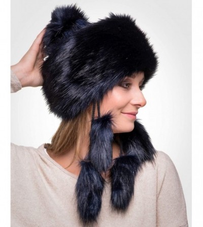 Bomber Hats Faux Fur Mongolian Hat for Women - Fun- Warm & Different Russian Hat - Navy Blue Rabbit - C812LNHHC7T