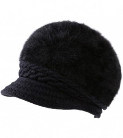 Skullies & Beanies Women Winter Knit Crochet Newsboy Caps Lady Furry Beanie Hat with Visor - Black - CS188LYI244