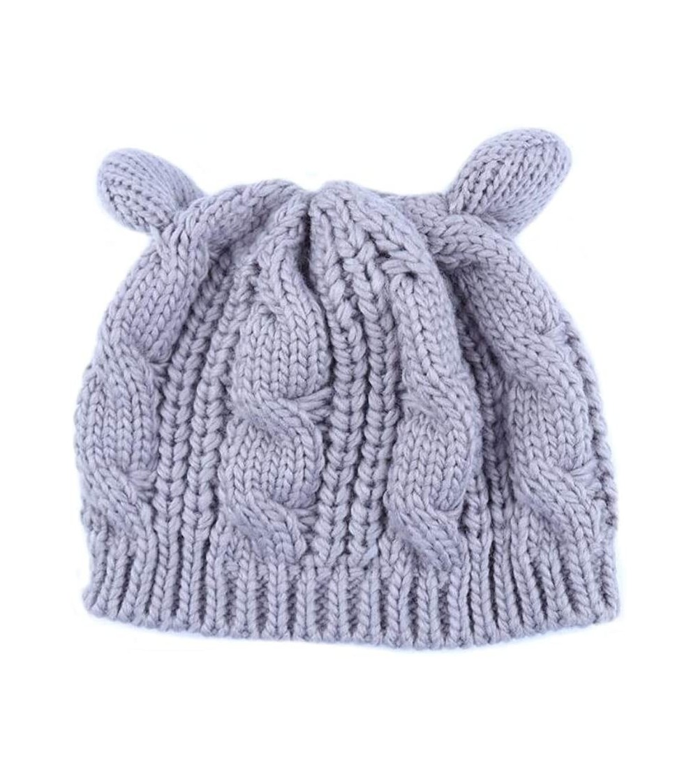 Berets Women Winter Wool Baggy Beret Beanie Cute Devil Cat Ear Crochet Braided Knit Hat Ski Cap - Grey - CT199OOSXRG