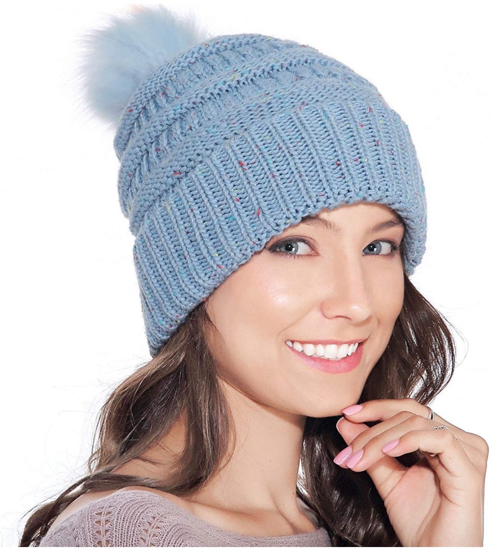 Skullies & Beanies Fur Pom Pom Beanie for Women Hat Winter Knit Wool Hats Warrm Soft Skull ski Cap - Blue - CP18Z8R4Y8I
