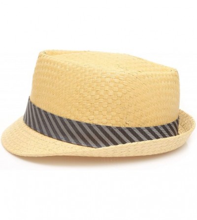 Fedoras Men's Summer Lightweight Paper Straw Short Brim Trilby Fedora Hat with Band - Natural With Striped Band - CP18OAYK2EY