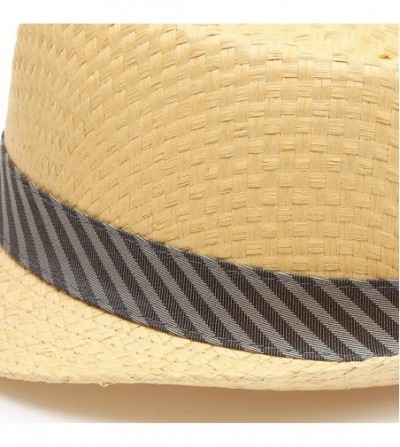 Fedoras Men's Summer Lightweight Paper Straw Short Brim Trilby Fedora Hat with Band - Natural With Striped Band - CP18OAYK2EY