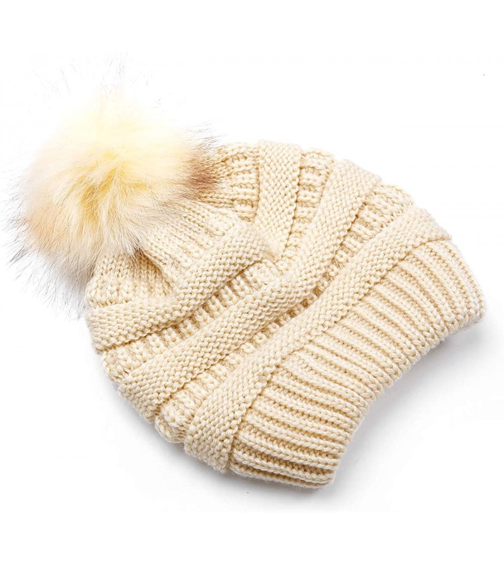 Skullies & Beanies Beanie Hats Women Pom Pom Slouchy Knit Skull Cap Winter Warm Hair Accessories - Beige With Pompom - CE18AI...