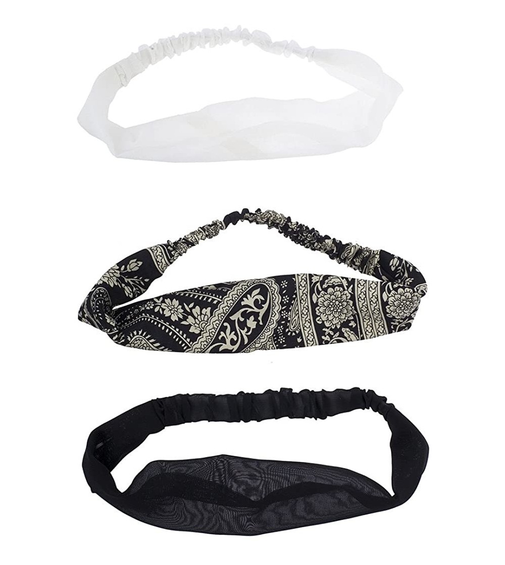 Headbands Women's Stretch Fabric Elastic Head Wrap Headbands 3PC Set - Black White Paisley - CK17YHIY6ND