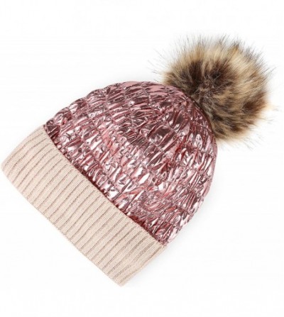 Skullies & Beanies Winter Knit Hats for Women Thick Pom Pom Metallic Shiny Beanies Ski Cap - Light Pink - CW18ACHCUHL