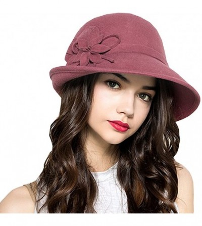 Fedoras Women's Wool Felt Flowers Church Bowler Hats - Pink - CI12MCIF04P