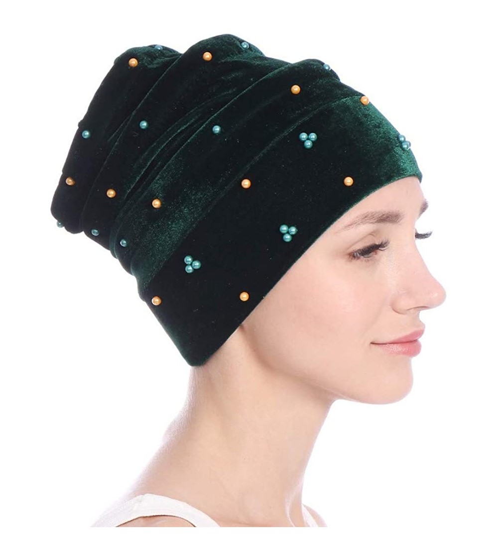 Skullies & Beanies Women Hearwear Velvet Hat Muslim Ruffle Cancer Chemo Beanie Wrap Cap - Green - CQ18I3H6MZN