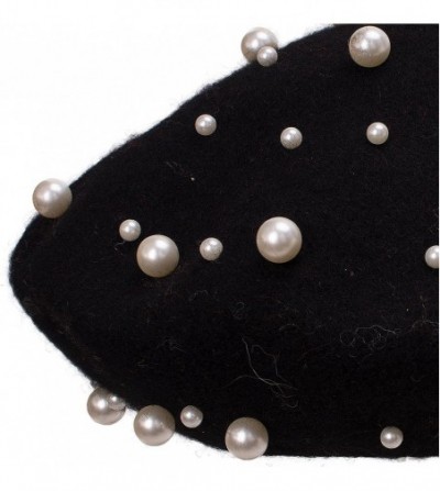 Berets Sweet French Womens Pearl Beaded 100% Wool Beret Cap Winter Hat Y91 - Black - C9189HN29E6