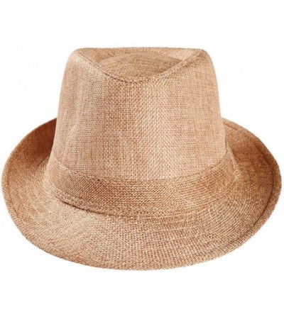 Fedoras Men's Classic Manhattan Structured Gangster Trilby Straw Hat Short Brim Panama Hat - Khaki - CN18HERD7LX
