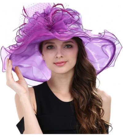 Sun Hats Women's Feathers Floral Fascinating Kentucky Church Wedding Party Floppy Hat - Purple - CV17YSEY5ZS