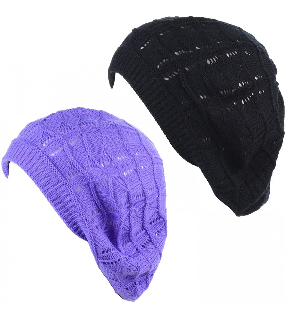 Berets Womens Knit Beanie Beret Hat Lightweight Fashion Accessory Crochet Cutouts - J019bkpurp - C3194YEDRWW