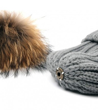 Skullies & Beanies Winter Knit Hat Kids Real Fur Pom Pom Warm Beanie Hat - Grey (Real Raccoon Fur) - CG18Y2078SR