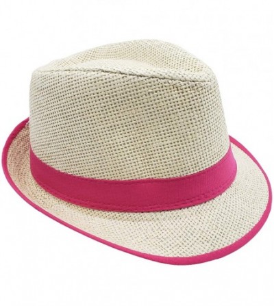 Fedoras Stylish Gangster Fedora Hat w/Band & Rim LINE Trilby Panama Classic Vintage Straw Headwear - Pink - CY180XQ638I