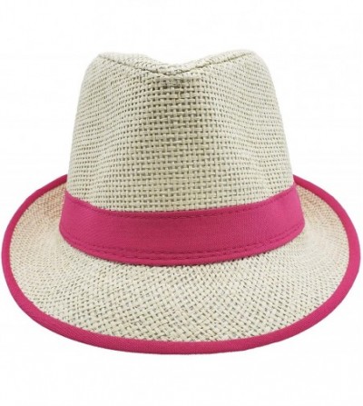 Fedoras Stylish Gangster Fedora Hat w/Band & Rim LINE Trilby Panama Classic Vintage Straw Headwear - Pink - CY180XQ638I