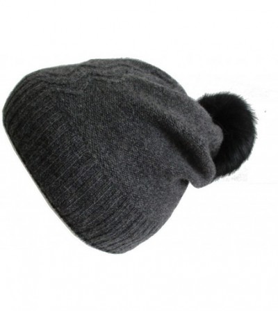 Skullies & Beanies Cashmere Fleece Lined Hat with Rabbit Fur Pom CSH1033R - Charcoal - C218KHG95TR