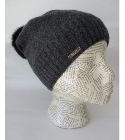 Skullies & Beanies Cashmere Fleece Lined Hat with Rabbit Fur Pom CSH1033R - Charcoal - C218KHG95TR