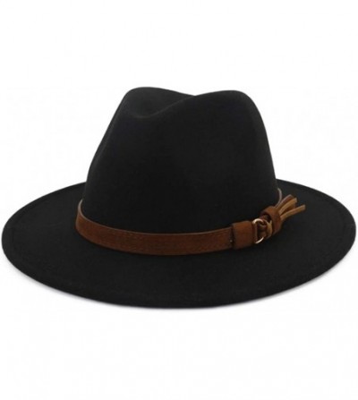 Fedoras Unisex Wide Brim Felt Fedora Hats Men Women Panama Trilby Hat with Band - Black - C618KR77W3Y