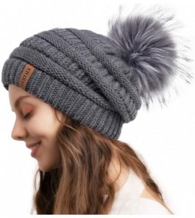 Skullies & Beanies Winter Slouchy Beanie Hats Women Fleece Lined Warm Ski Knitted Pom Pom Hat - 33-black Fog Gray - CF18YU070OX