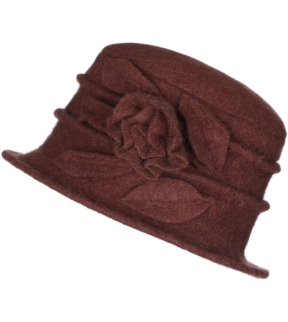 Skullies & Beanies 1920s Gatsby Womens Flower 100% Wool Warm Beanie Bow Hat Cap Crushable - Brown - CV18MHOW86T