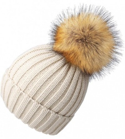 Skullies & Beanies Winter Knit Hat Real Raccoon Fur Pom Pom Womens Girls Knit Beanie Hat - Beige - C218HZNCHTZ