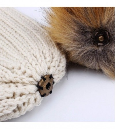 Skullies & Beanies Winter Knit Hat Real Raccoon Fur Pom Pom Womens Girls Knit Beanie Hat - Beige - C218HZNCHTZ