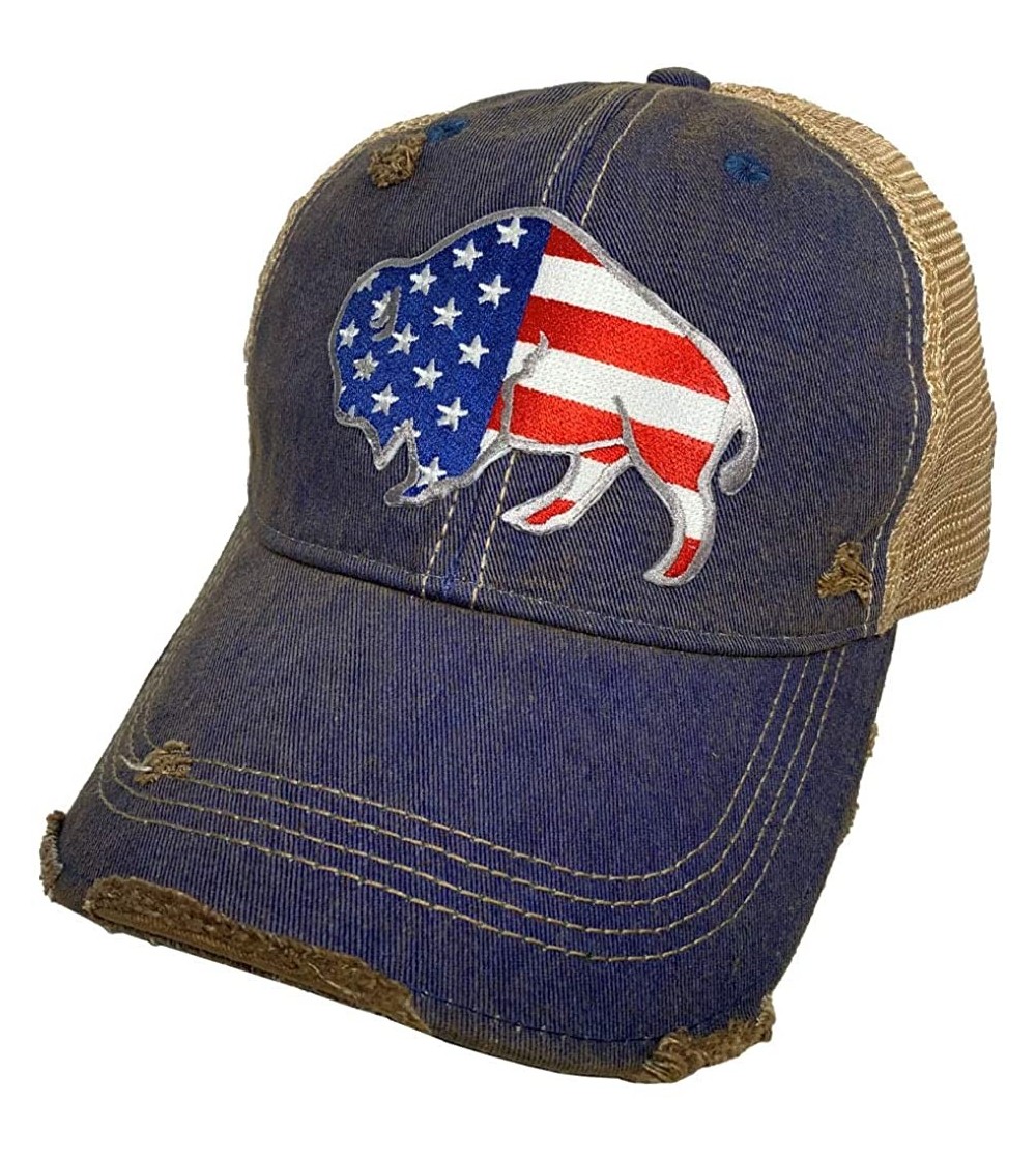 Baseball Caps Distressed Soft Mesh Snap Back Western Themed Women's Hat - American Flag Buffalo – Vintage Blue - CM197M7EOE8
