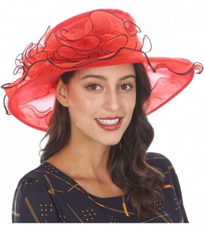 Sun Hats Ladies Wide Brim Organza Derby hat for Kentucky Derby Church Tea Party Wedding - S020-red - CK18R2I8075