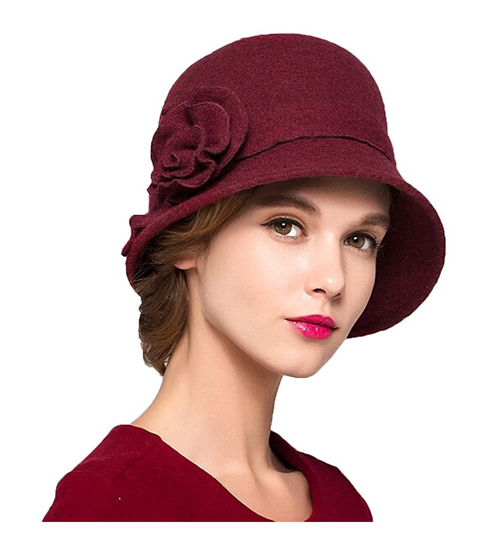 Fedoras Women's Wool Felt Flowers Church Bowler Hats - Wine Red - C01293EZV6D