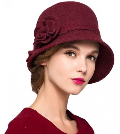 Fedoras Women's Wool Felt Flowers Church Bowler Hats - Wine Red - C01293EZV6D